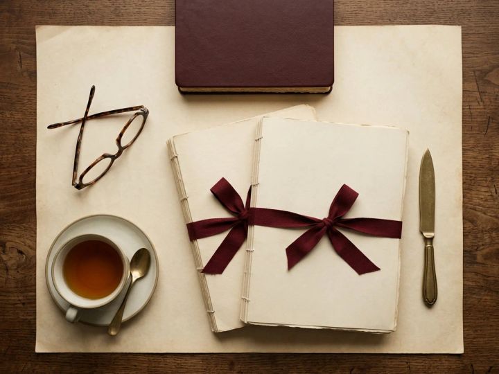 Bound documents tied with ribbon on a desk, with a paper knife, reading glasses and a cup of tea