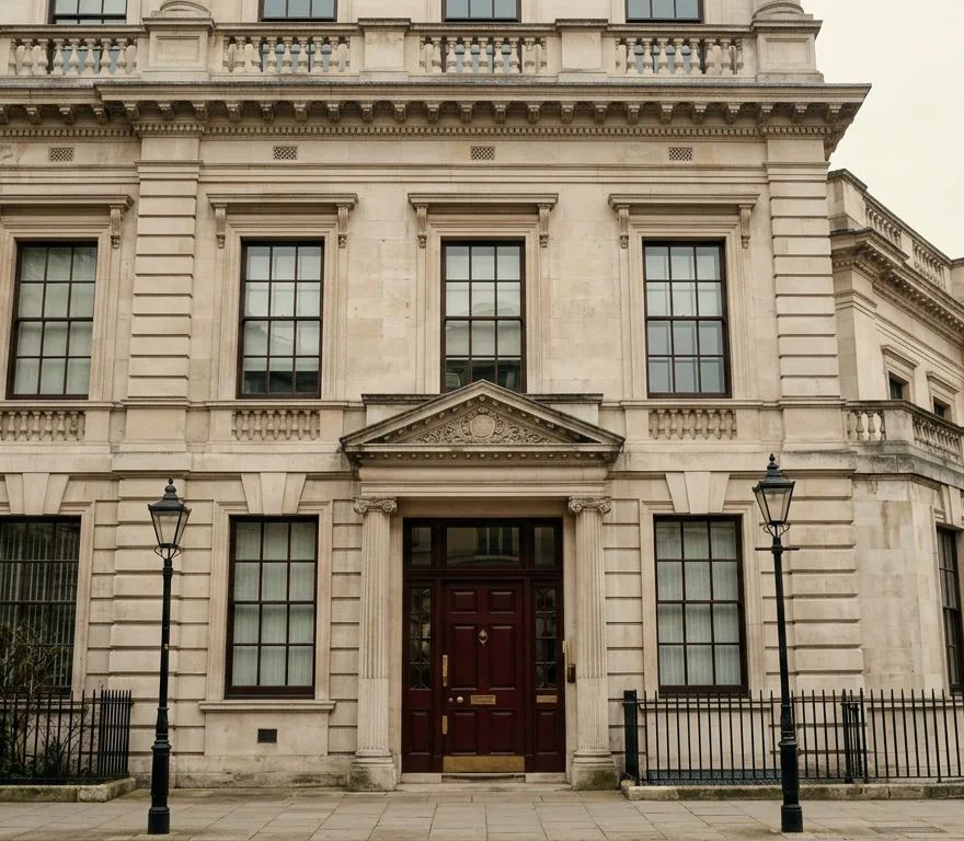 Limestone front of the Quay Street office, with tall sash windows and an oxblood front door