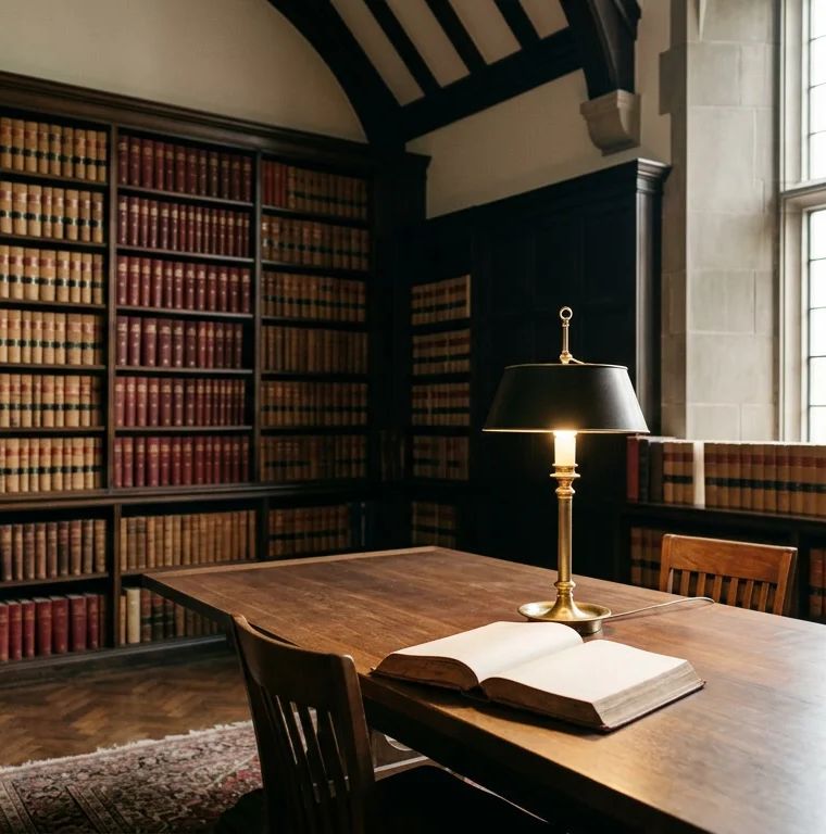 Walnut shelves of bound law reports beside a reading table with a brass lamp