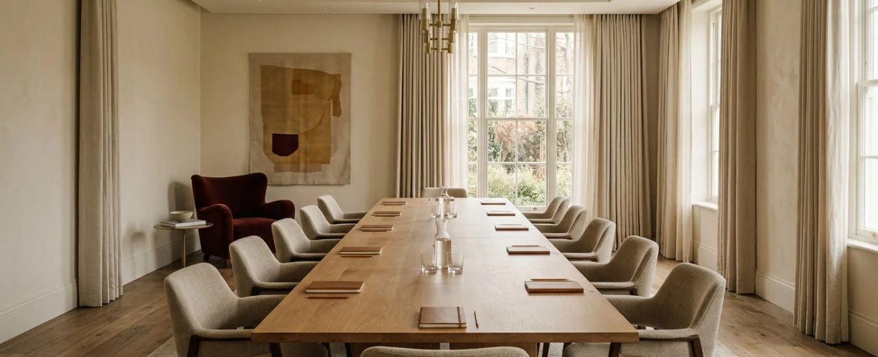 A quiet meeting room with a long oak table, linen curtains and a single oxblood armchair