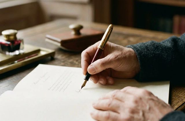 Hands holding a fountain pen over a signature page