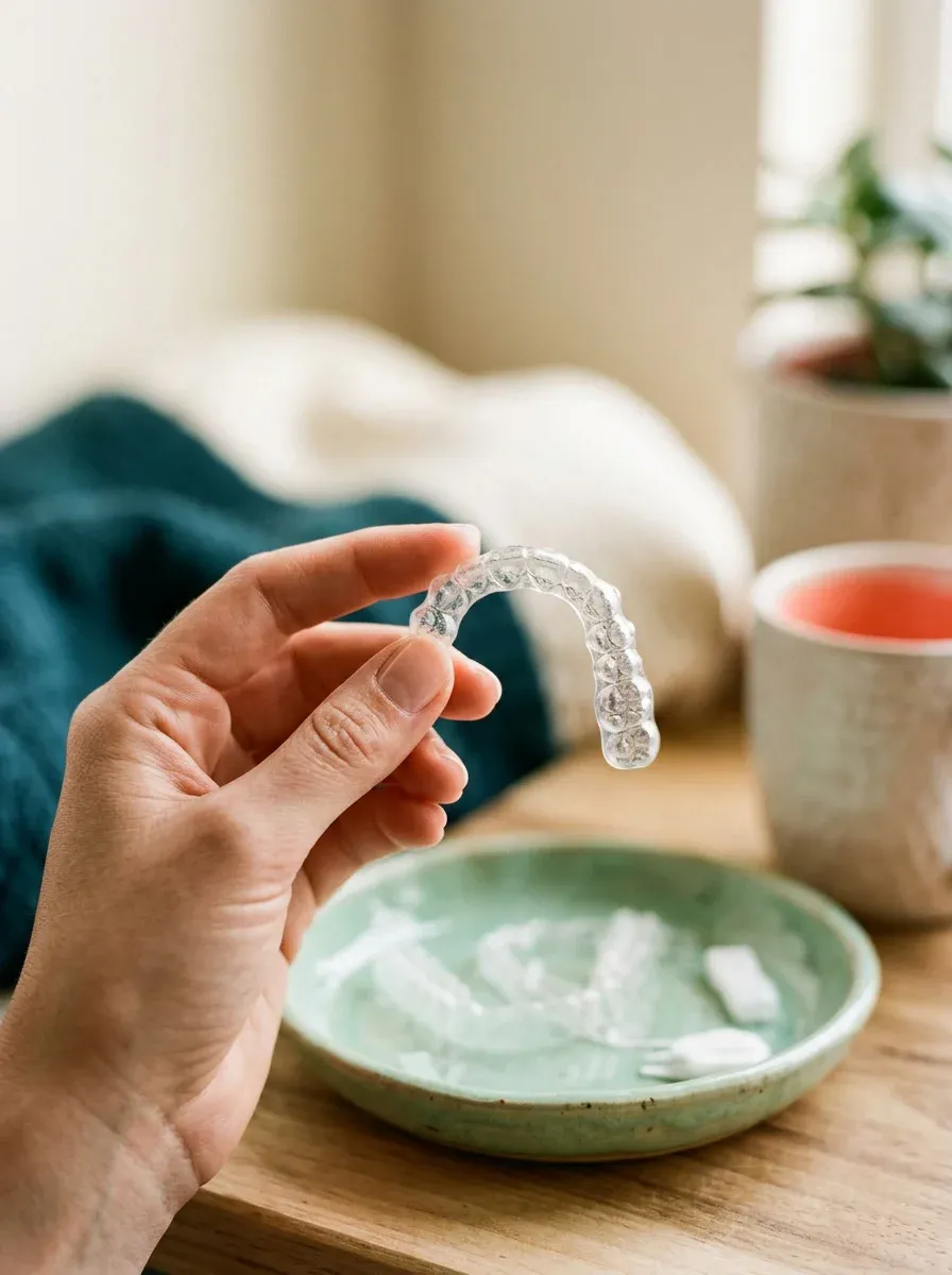 A hand holding a clear aligner tray in soft window light