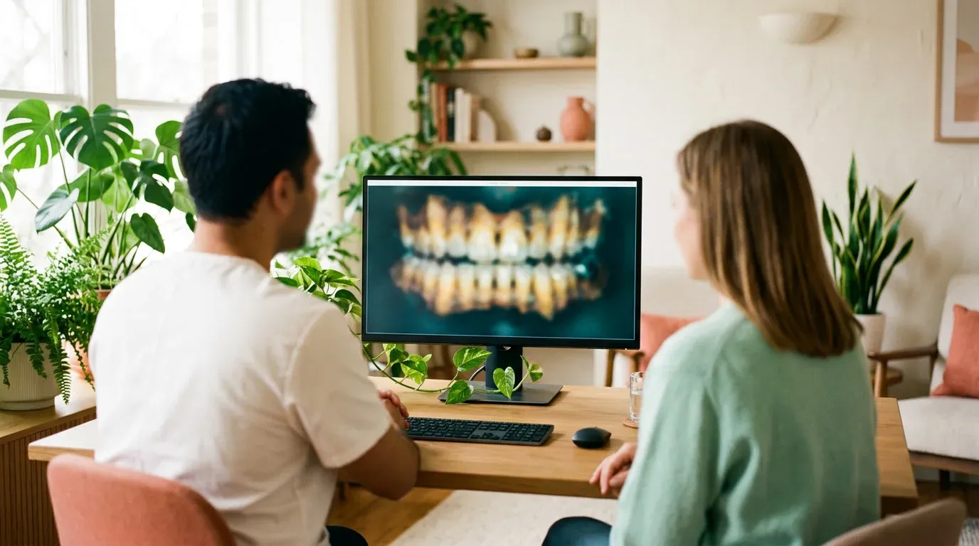 A dentist and a patient side by side looking at a screen, both softly out of focus