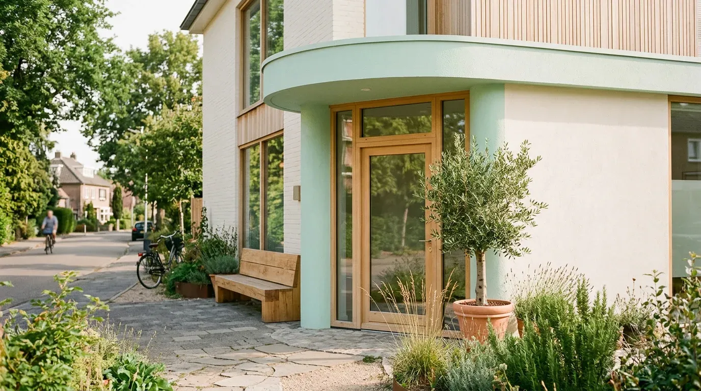 The practice entrance: a mint porch, glass door, olive tree and planters