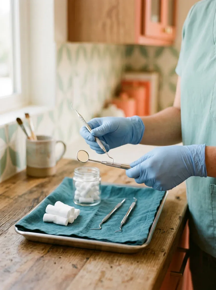 A hygienist's gloved hands holding a dental mirror and scaler above a neat instrument tray