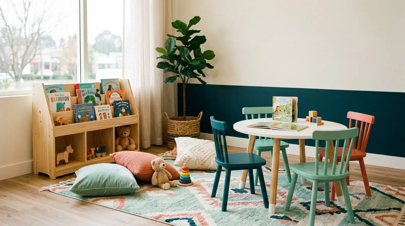 A children's corner with low tables, a small bookshelf, cushions and a rug in mint and coral
