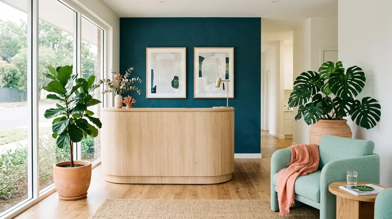 Bright reception with a curved oak desk, a teal wall and large plants in terracotta pots