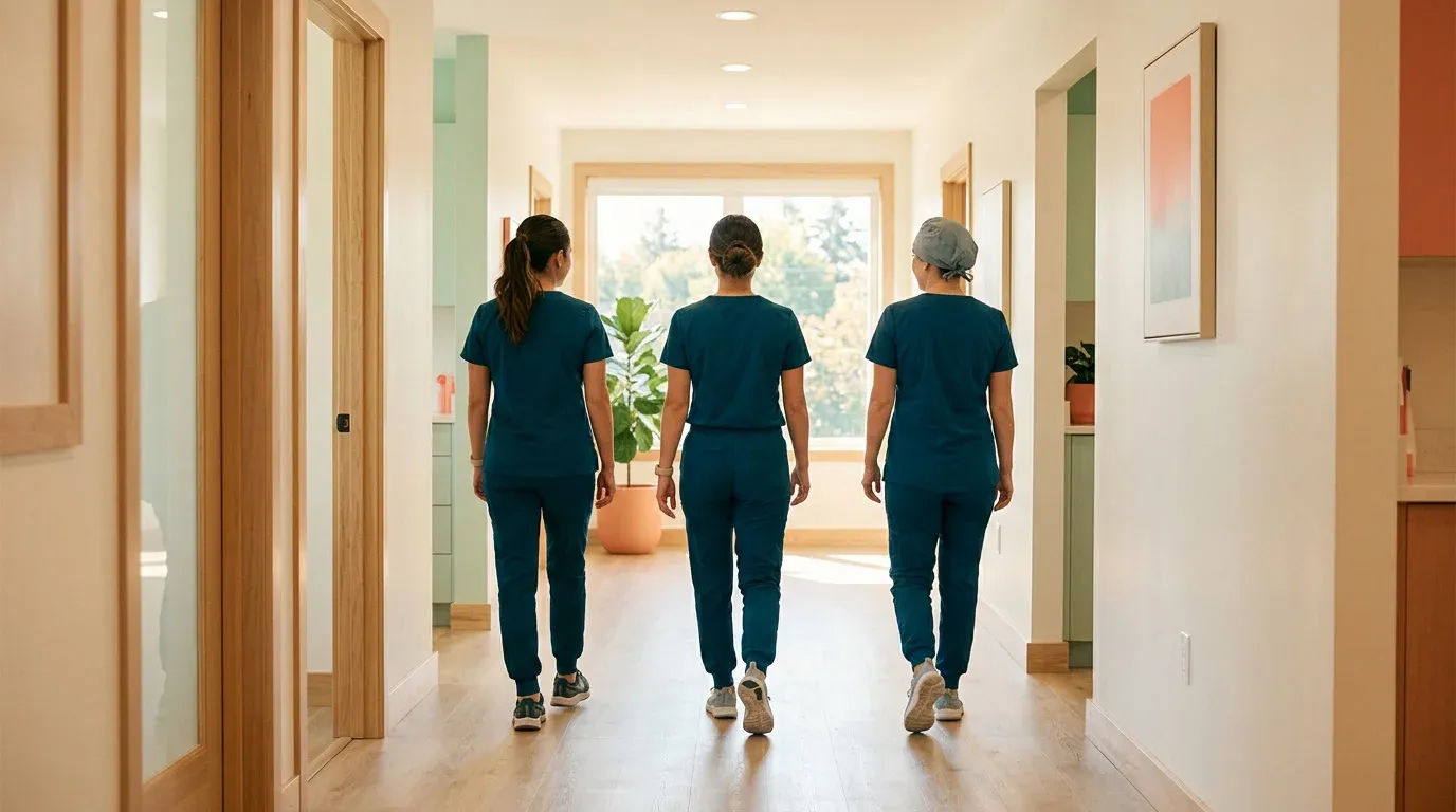 Three members of the clinical team in teal scrubs seen from behind, walking down a sunny corridor