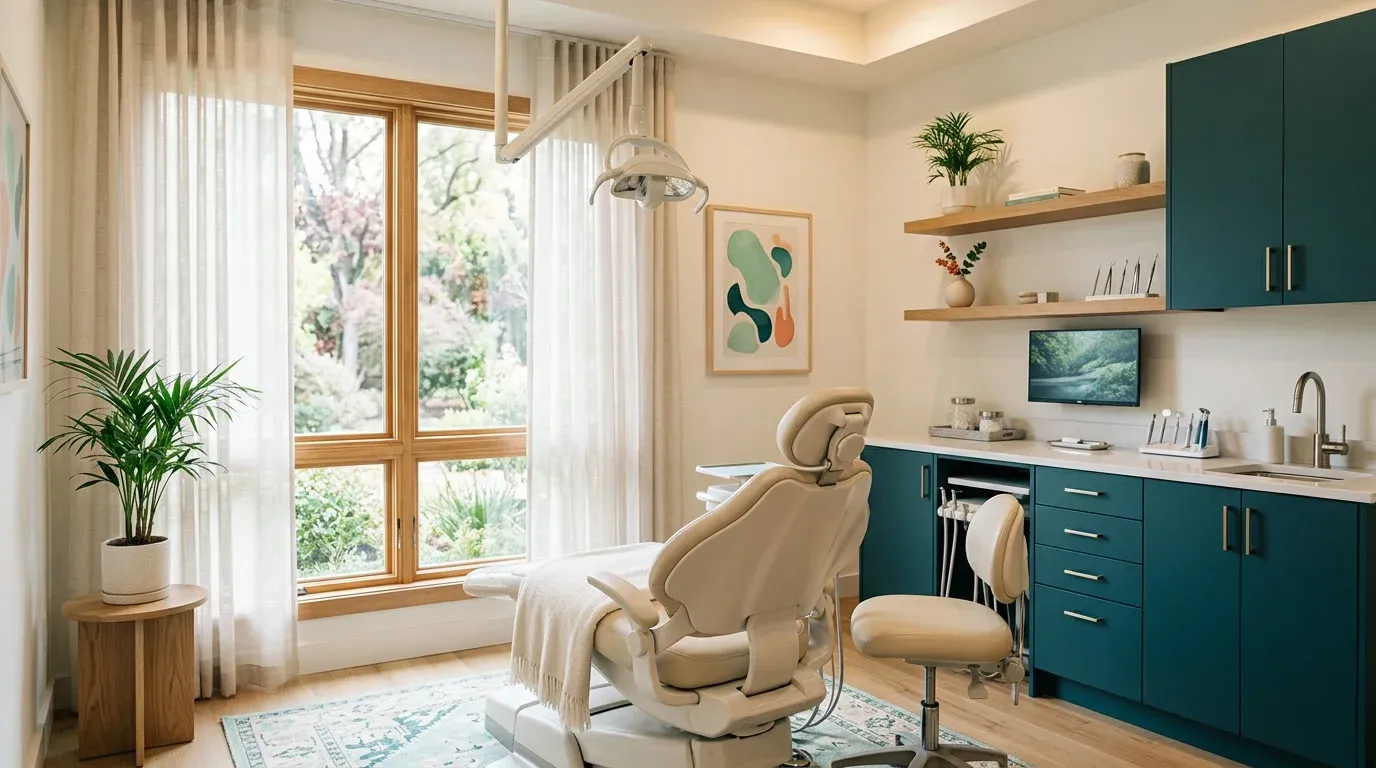 A bright treatment room with a cream dental chair beside a daylight window and a small plant
