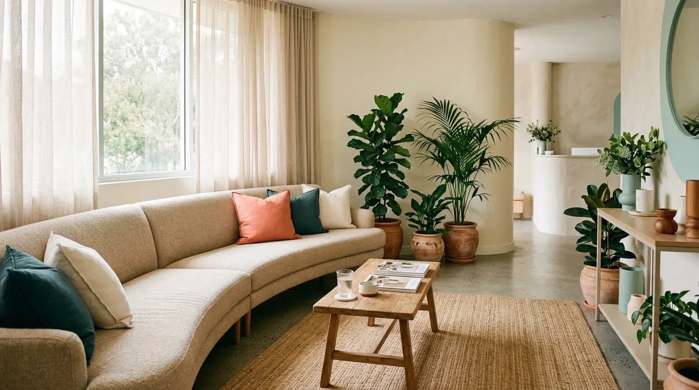 A calm waiting area with a curved oatmeal sofa, a coral cushion and tall plants in daylight