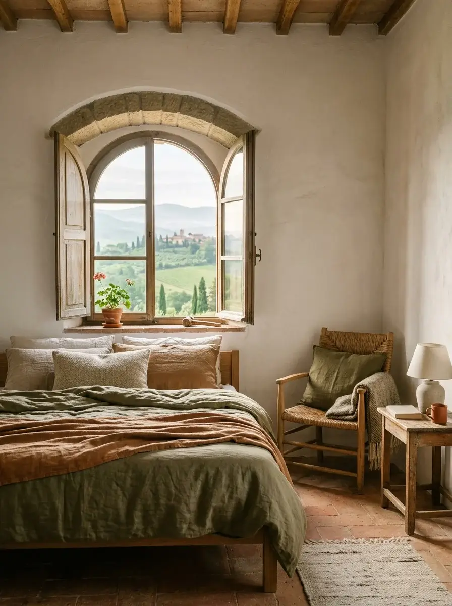 The principal bedroom with its arched window