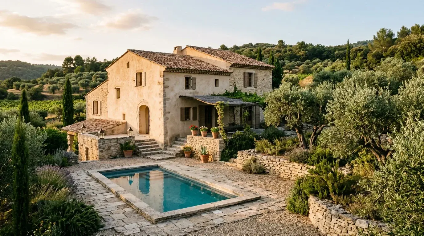 A restored stone villa with a plunge pool and olive trees at golden hour
