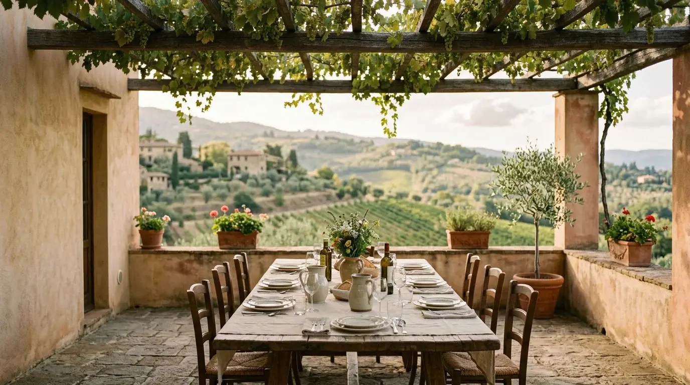 A long table set for lunch on a stone terrace
