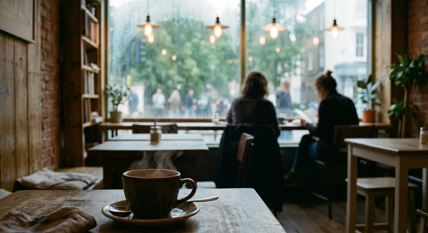 Figures seated at a cafe window, out of focus, a cup of coffee steaming in the foreground.