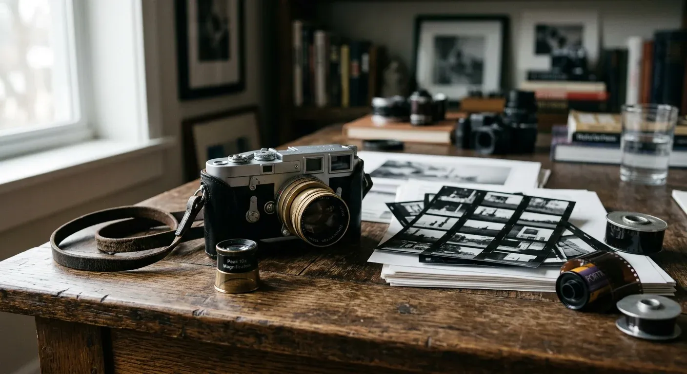 A 35mm rangefinder camera on a worn wooden table beside contact sheets and a loupe.