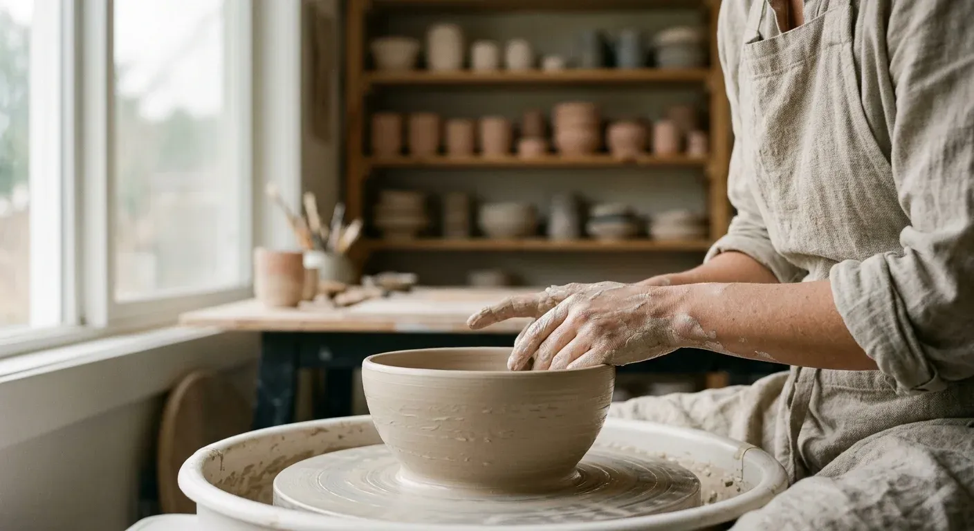 A ceramicist's clay-dusted hands shaping a pale bowl on a wheel with shelves behind.