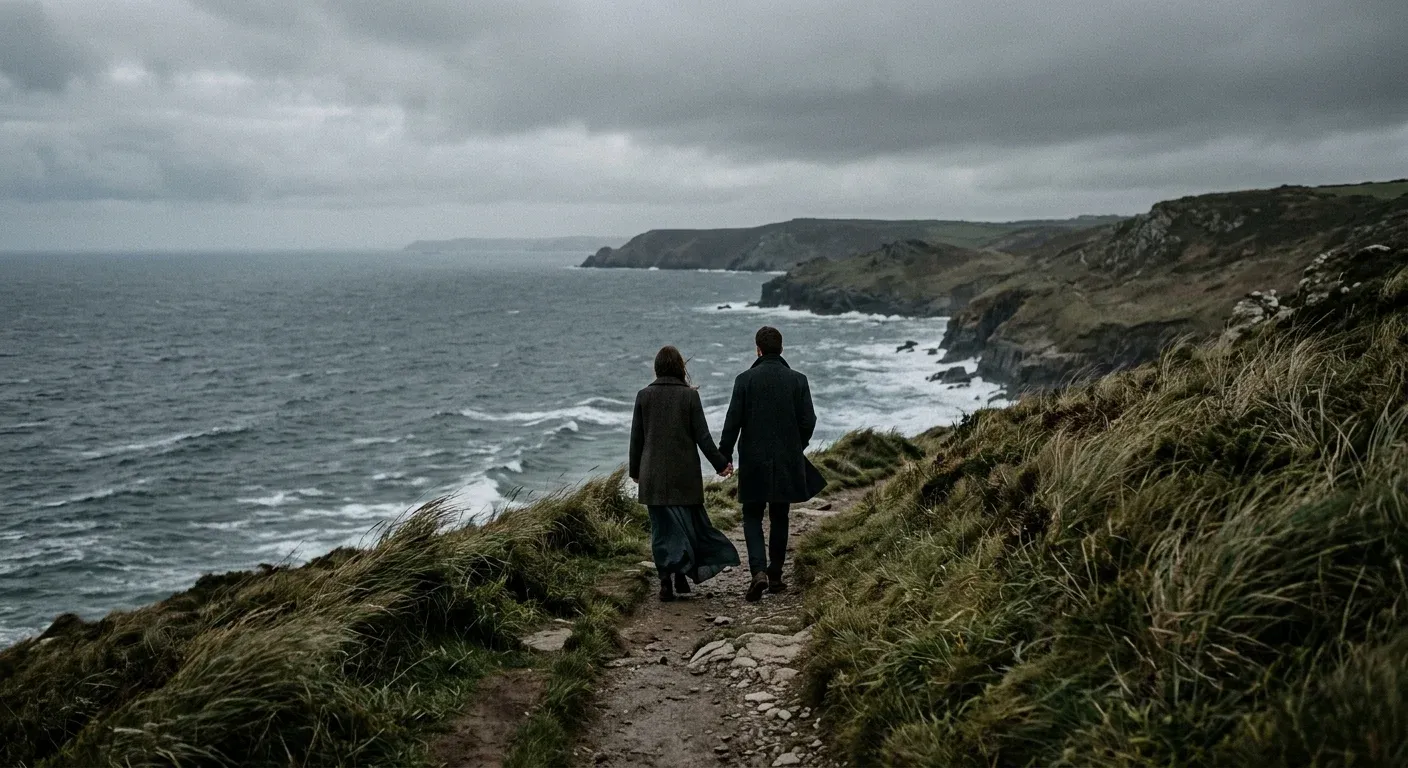 A couple in dark coats walk away along a narrow cliff path above a grey sea.