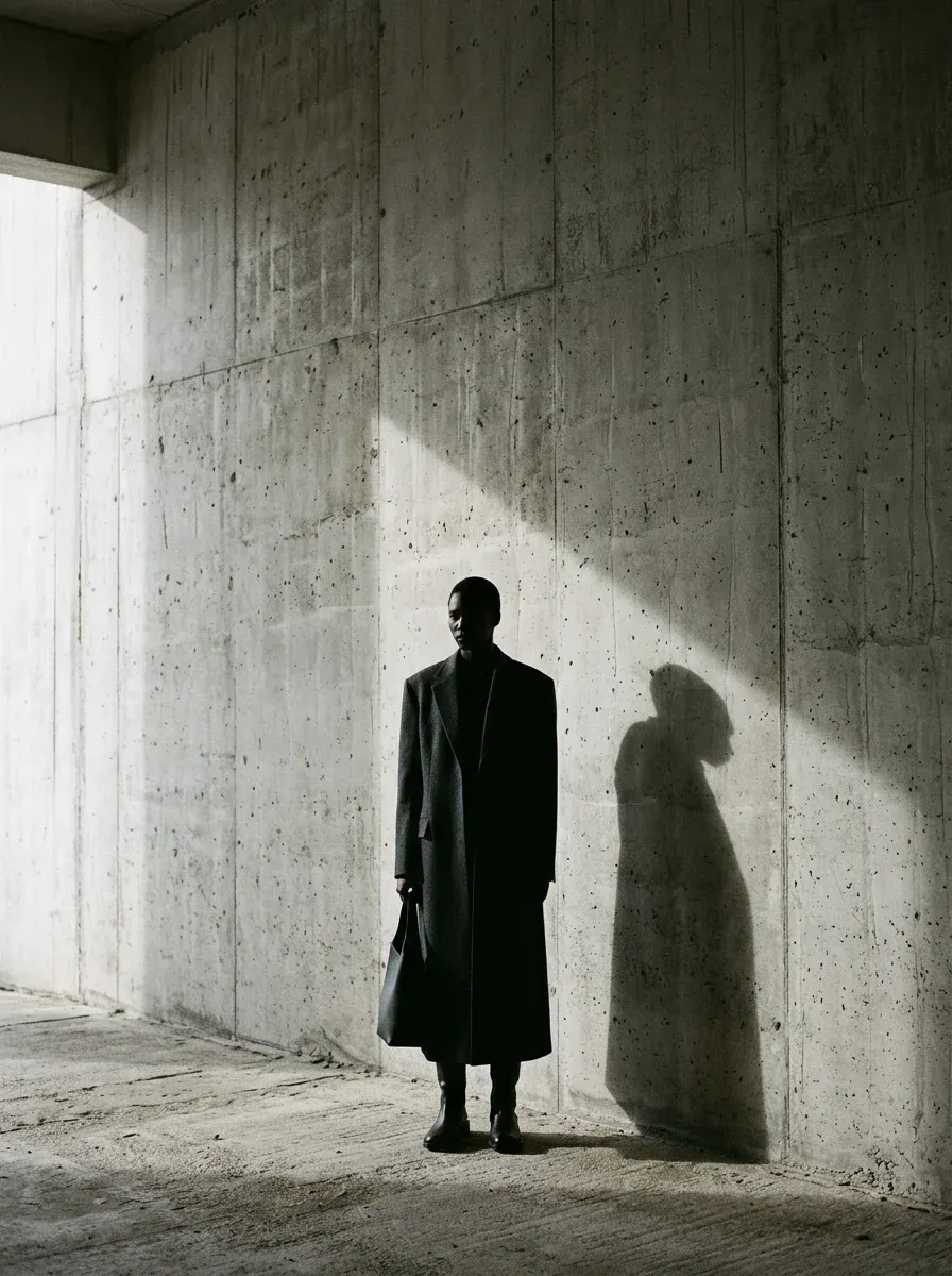 A tall figure in a long structured coat as a dark silhouette against a concrete wall with a sharp shadow.