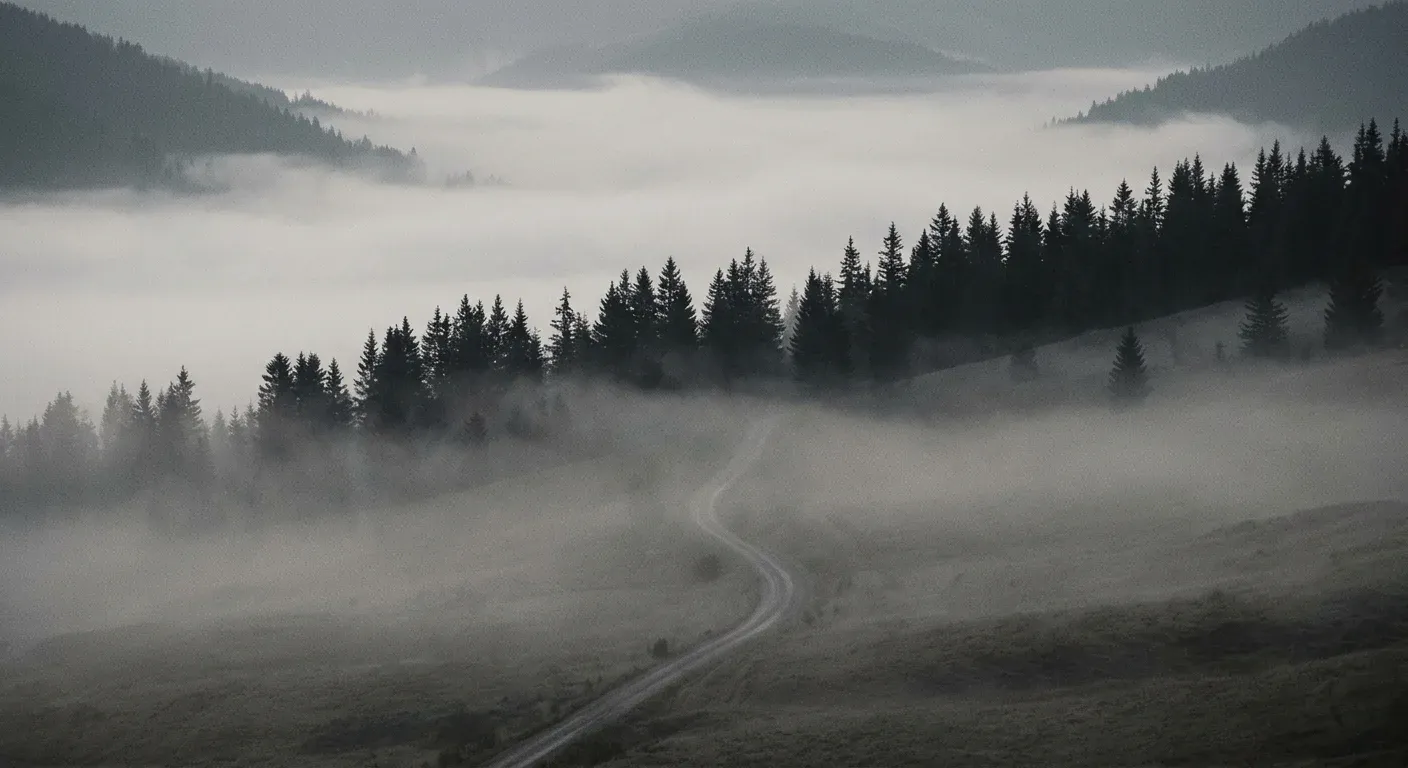 A valley full of fog with a line of dark pines and a faint road.