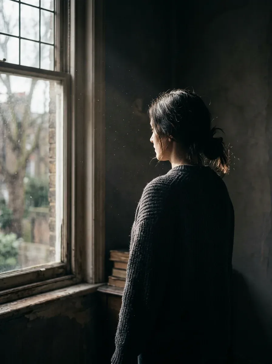 A woman in a dark knit sweater turned away toward a tall window, her face in shadow.