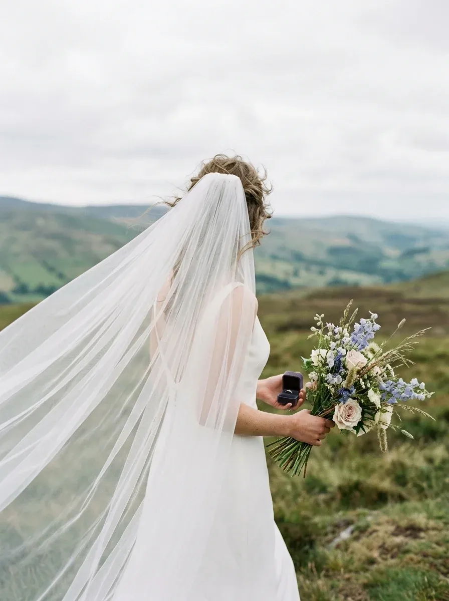 A veil lifted in the wind in front of a hillside.