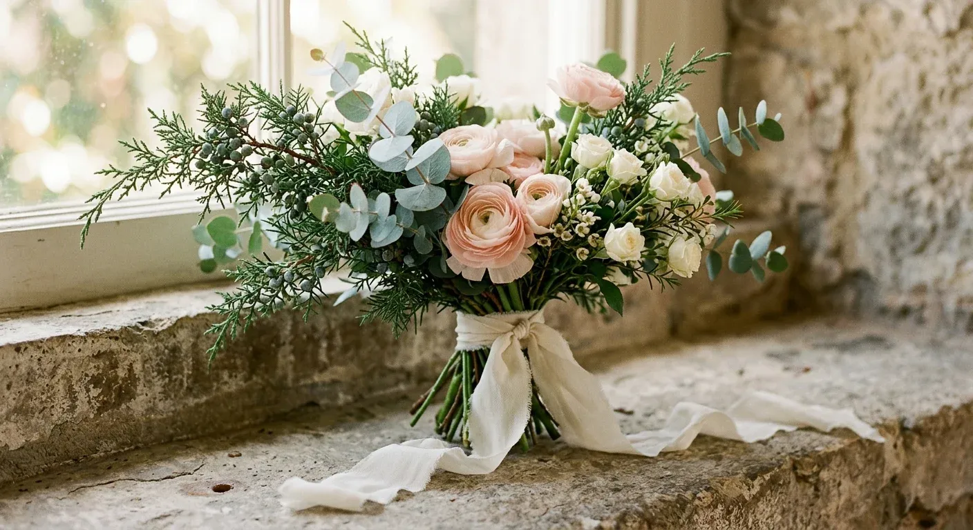 A bridal bouquet of juniper, eucalyptus and blush ranunculus tied with ivory ribbon on a stone ledge.