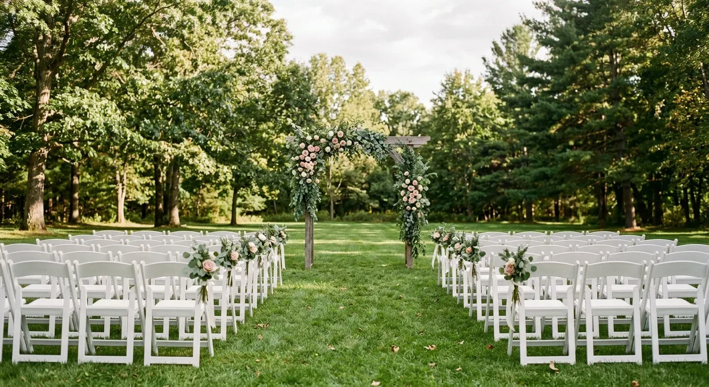 White chairs along a grass aisle toward a floral arch on the lawn.