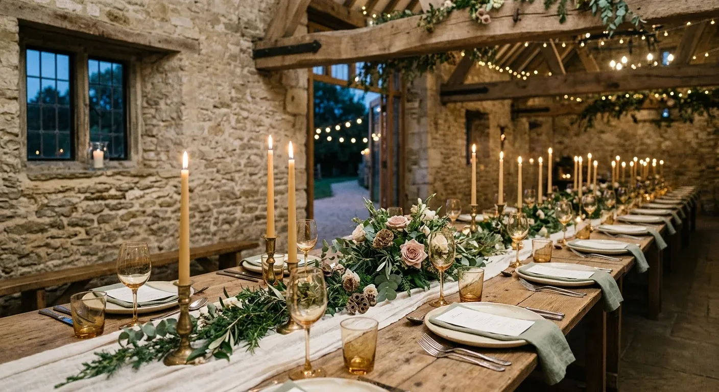 A long banquet table with candles and juniper sprigs under barn beams.