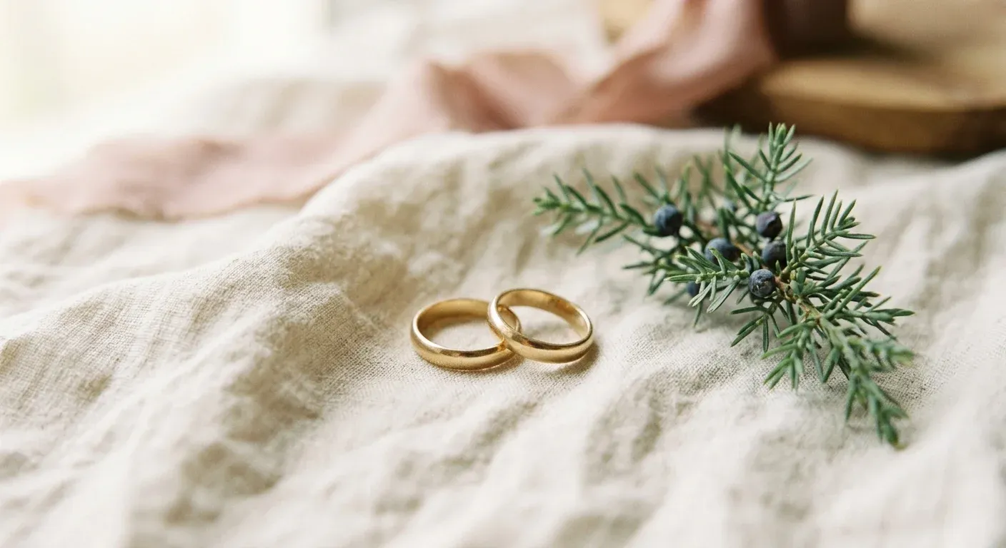 Two gold wedding rings on creased ivory linen beside a sprig of juniper.