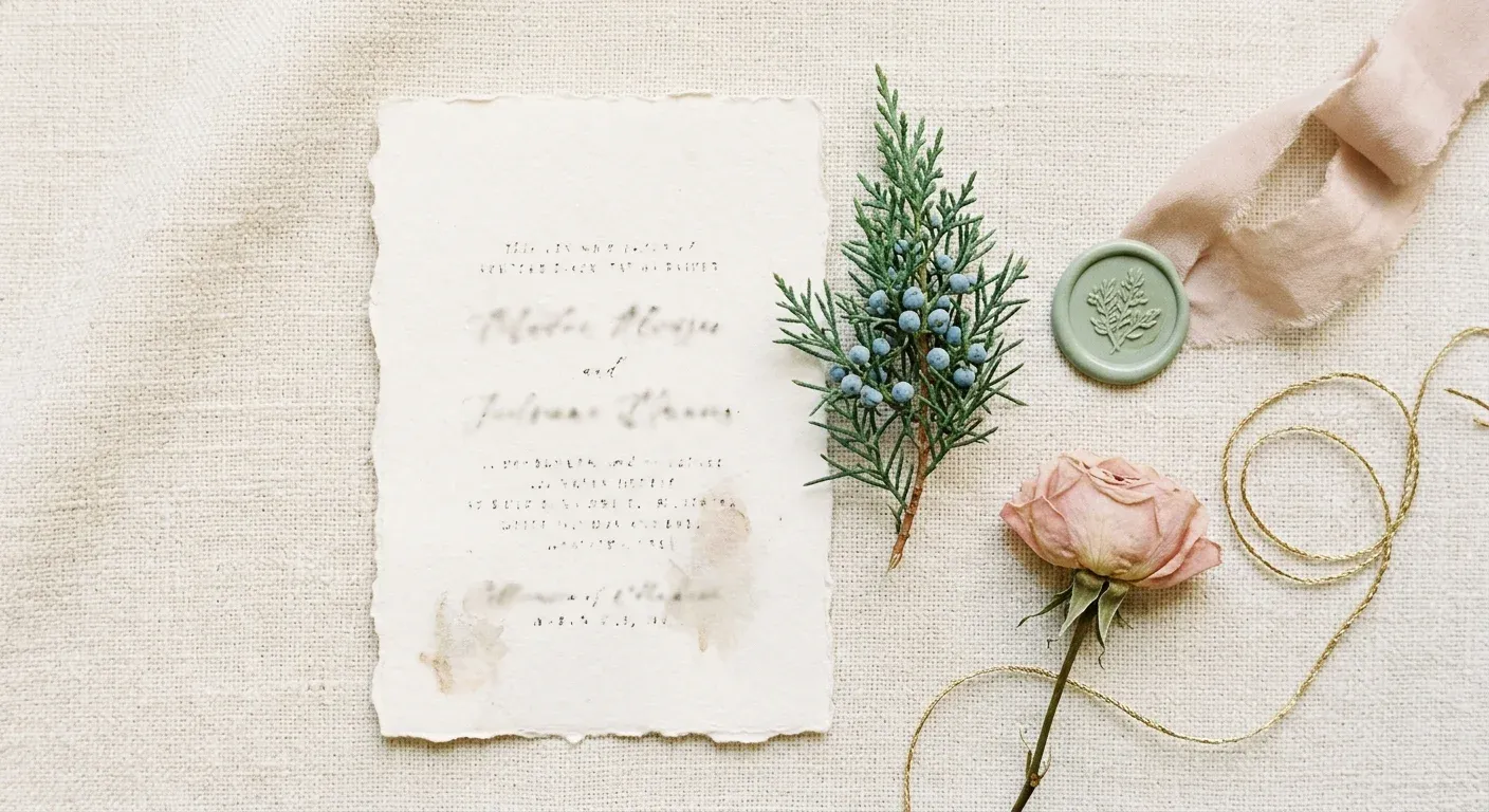 Deckle-edged wedding stationery on ivory linen with a juniper sprig, a sage wax seal and a pressed blush rose.