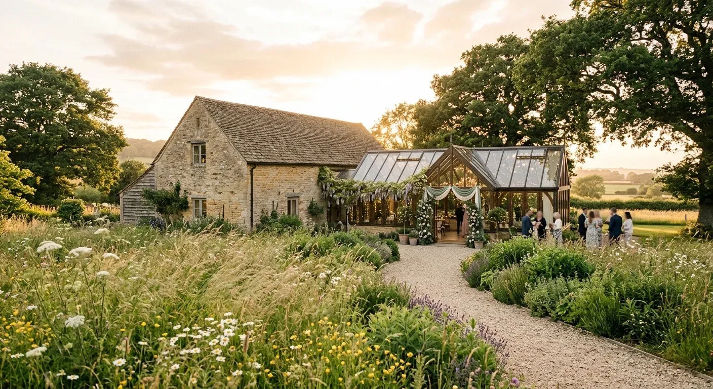 A honey-coloured stone barn with a glass orangery at golden hour, wildflowers in the foreground.