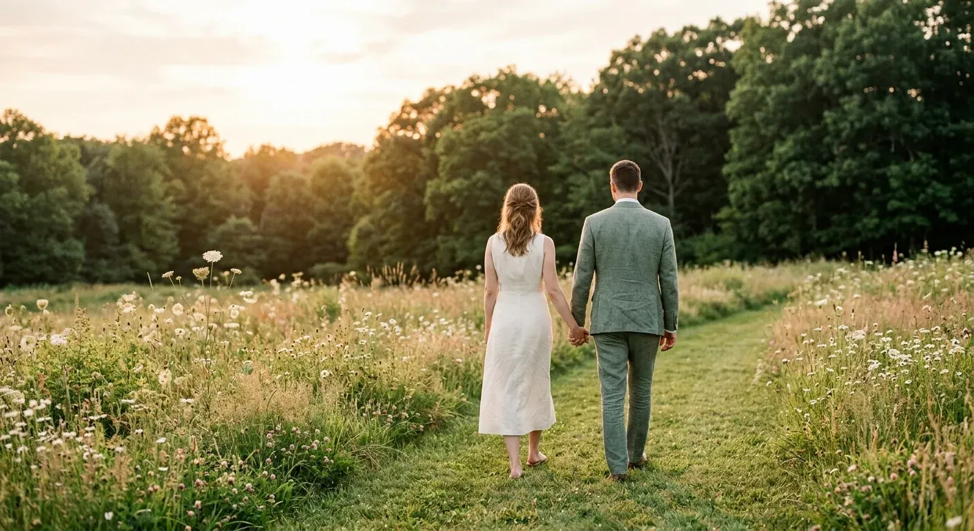 Clara and Tom seen from behind, walking hand in hand along a mown path through a wildflower meadow at sunset.