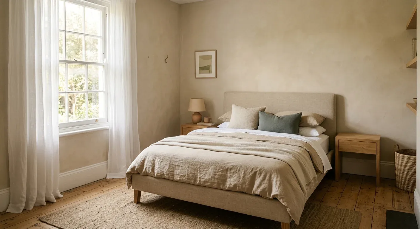 Bedroom with limewashed walls and a sash window