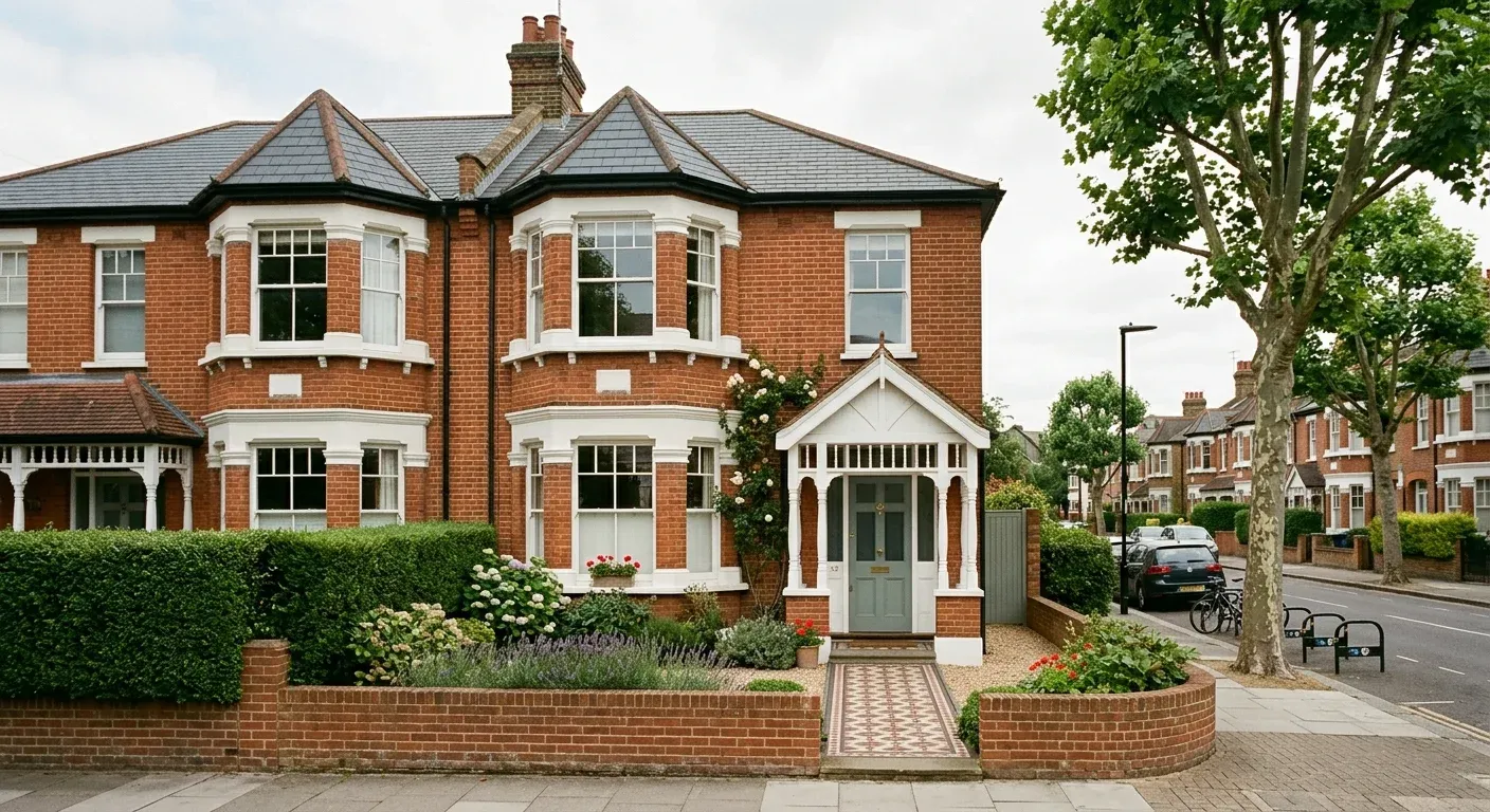 Red-brick Edwardian semi with a bay window and a green door