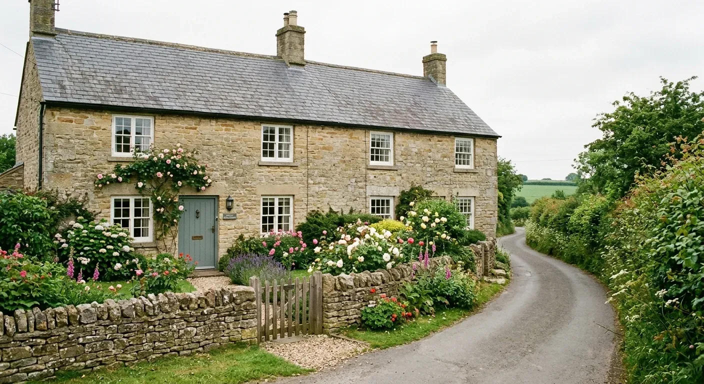 Pair of stone cottages with a cottage garden and a slate green door