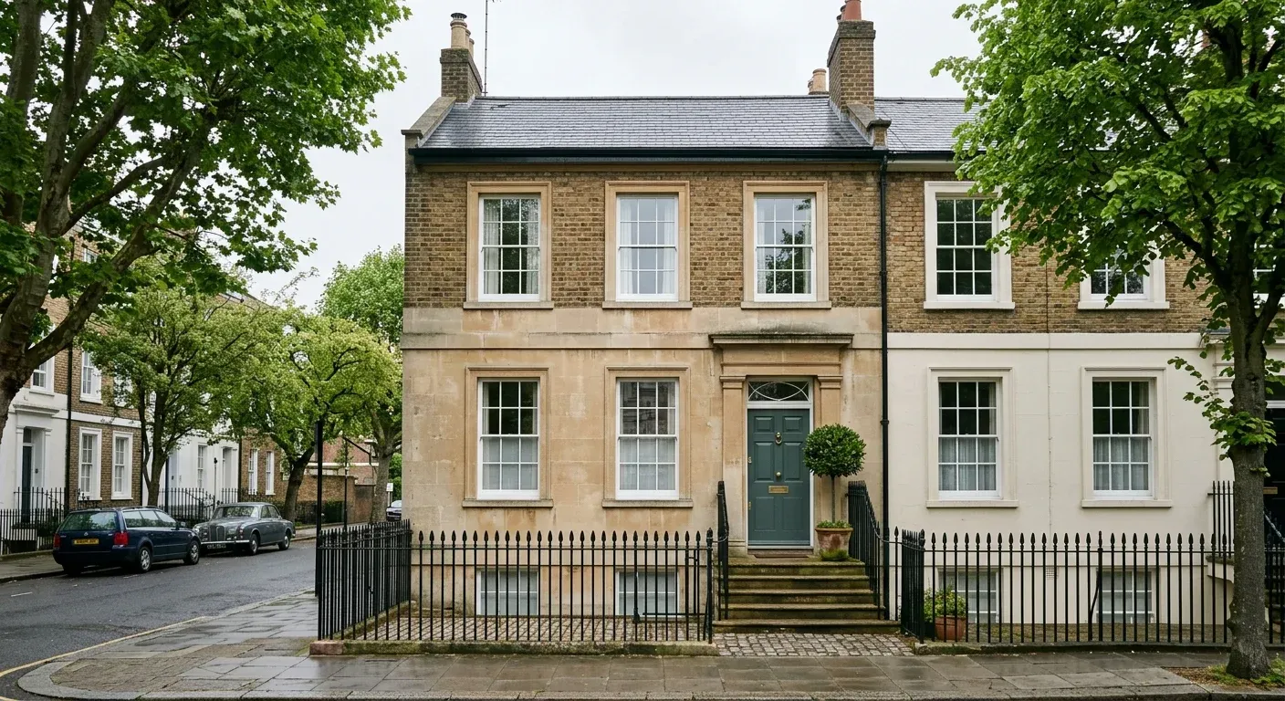 A pale stone Georgian terrace with a slate green front door