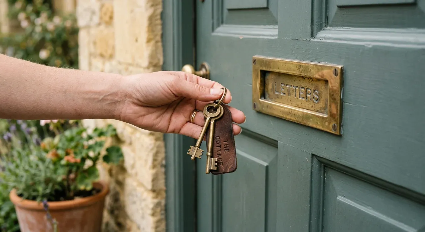A hand holding two brass keys at a slate green front door