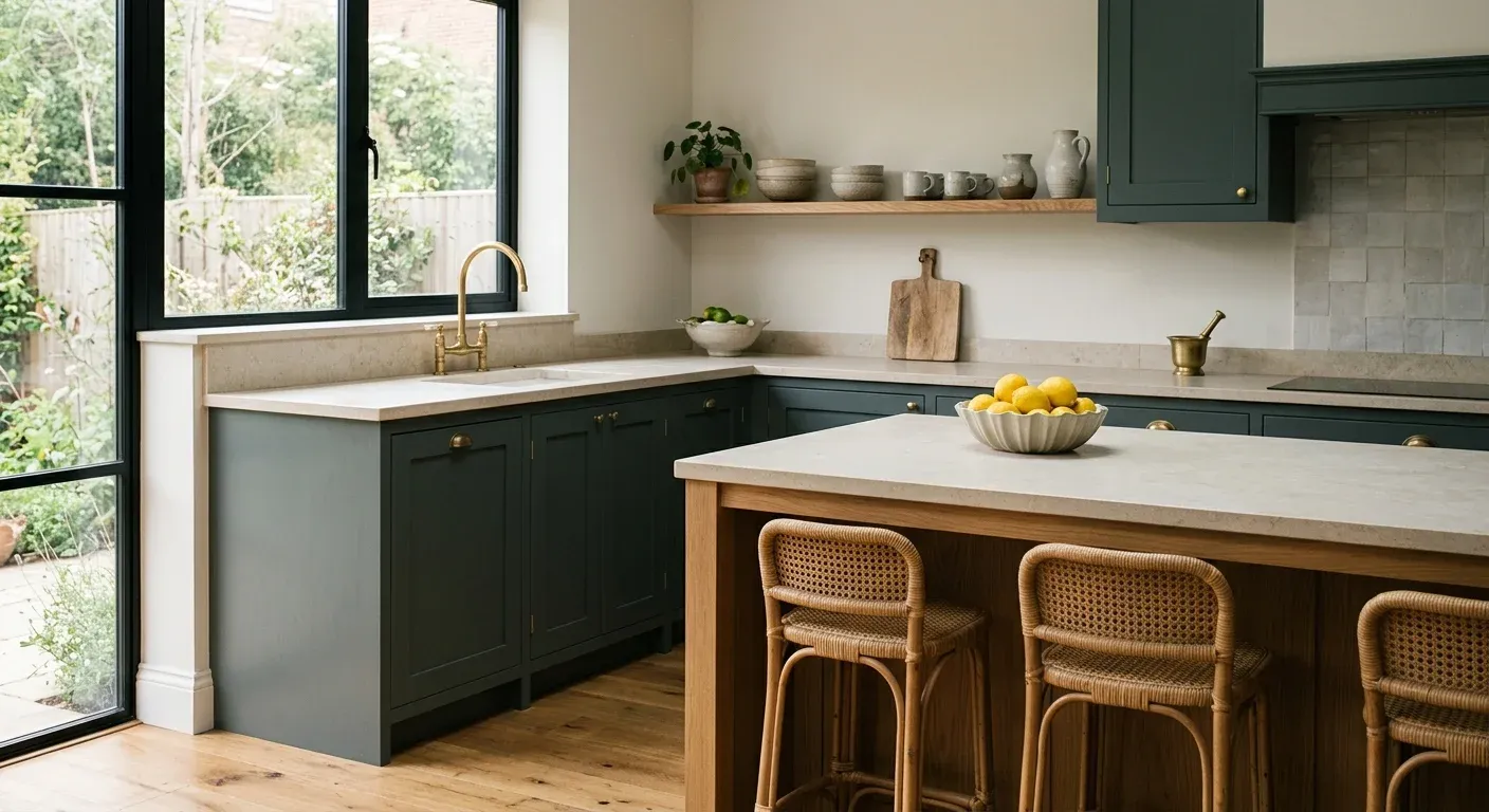 Kitchen with slate green cabinets and a brass tap