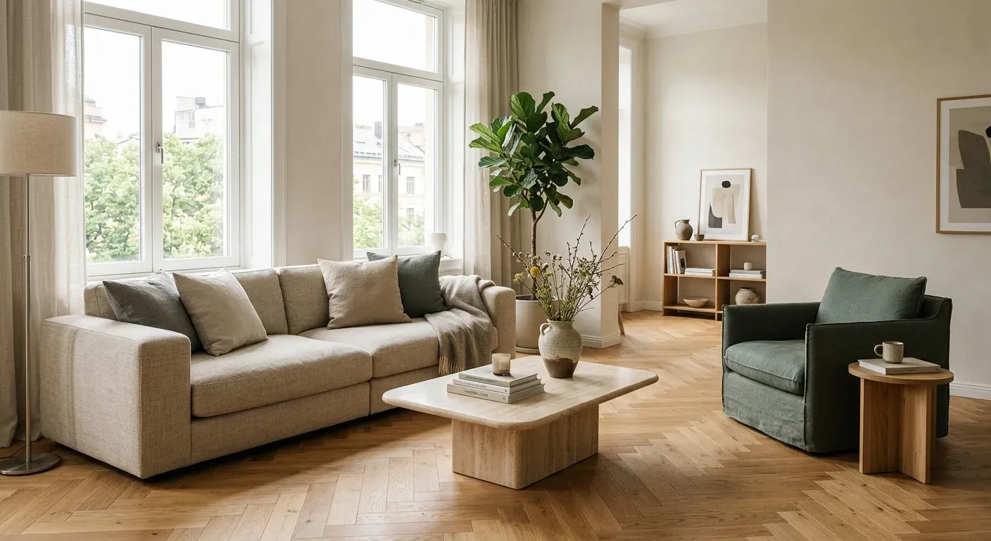 Open-plan living room with a linen sofa and tall windows