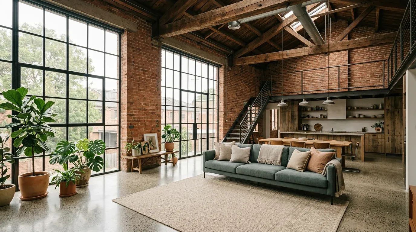 Loft with steel-framed windows, exposed brick and a mezzanine