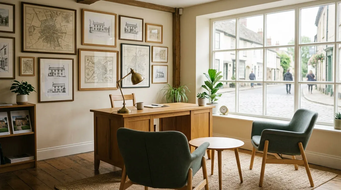 An agency office with framed maps and a wooden desk