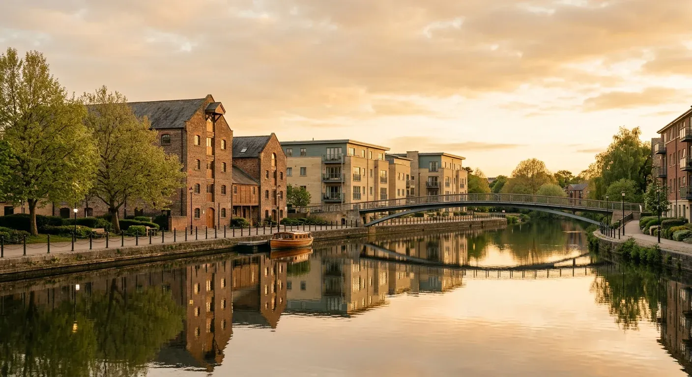 Converted brick warehouses along a calm river at golden hour