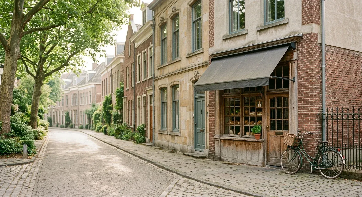 Cobbled lane with brick houses and a bakery