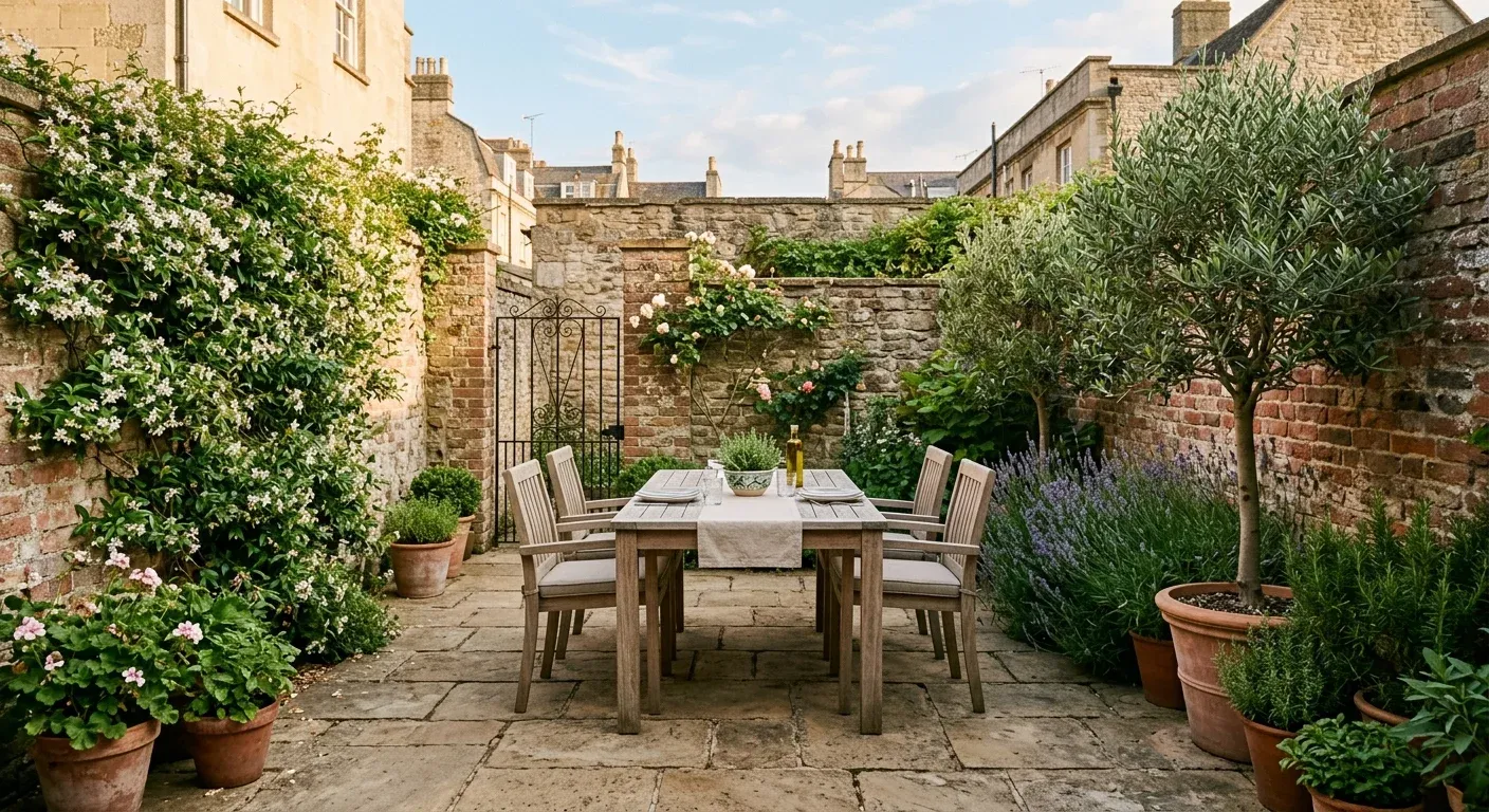 Mature walled garden terrace with a dining table