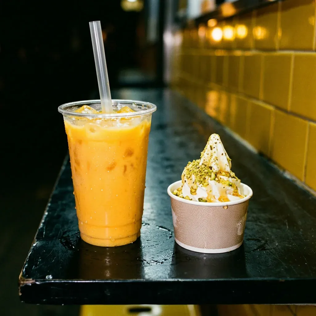 An iced mango lassi in a tall cup next to a pistachio soft-serve on a black counter.