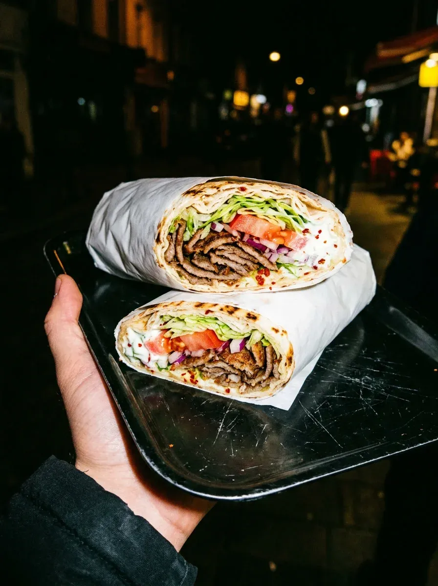 A dürüm cut in half showing shaved döner, tomato, lettuce and white sauce, held on a black tray.
