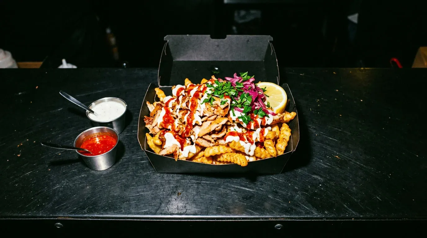 Loaded kebab box: chicken döner over crinkle fries with garlic white and chili sauce, two dip pots beside it.