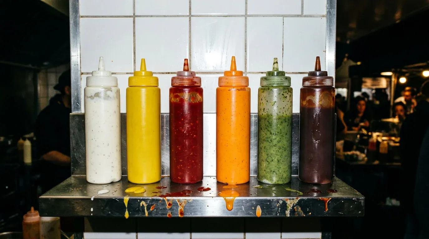 A row of unlabelled squeeze bottles in white, yellow, red, orange, green and brown on a steel shelf.