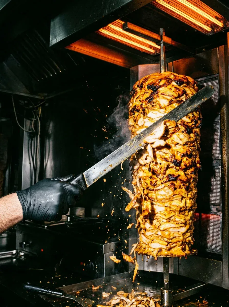 Chicken döner turning on the vertical spit under glowing grill elements, a gloved hand shaving slices.