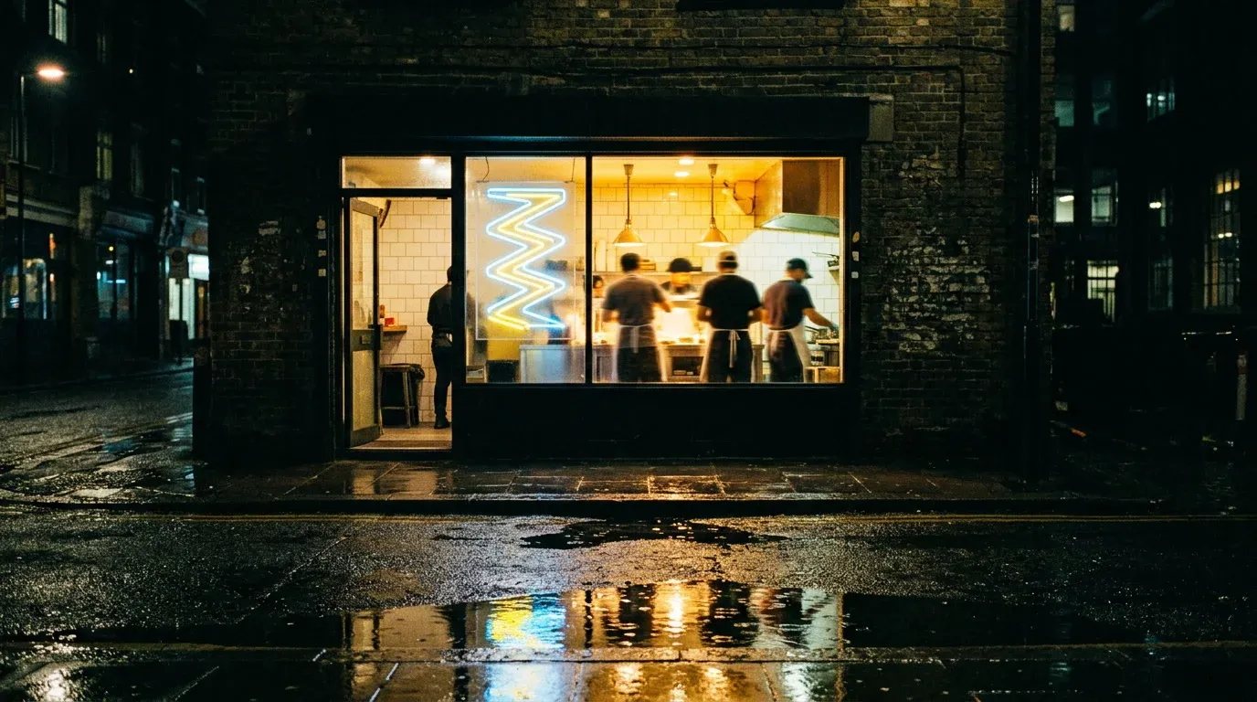 The Wicker Park spot at night, yellow light from the counter window spilling onto the wet street.